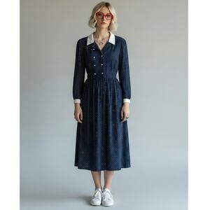 Walden Fashions Vintage 1980s Navy Polka Dot Secretary Dress Contrast Collar 12